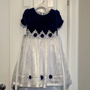 Elegant Blue and White Dress with Floral Accents